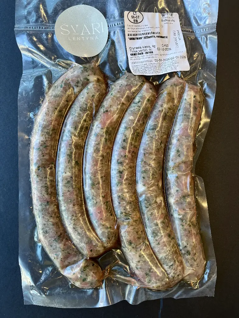 Kalakutienos dešrelės "Aromatingos" BE KITŲ PAUKŠTIENOS DALIŲ 500-600g